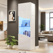Vetrina alta e stretta 35 x 50 x 165 cm con LED; in pannello truciolare bianco lucido e vetro temperato