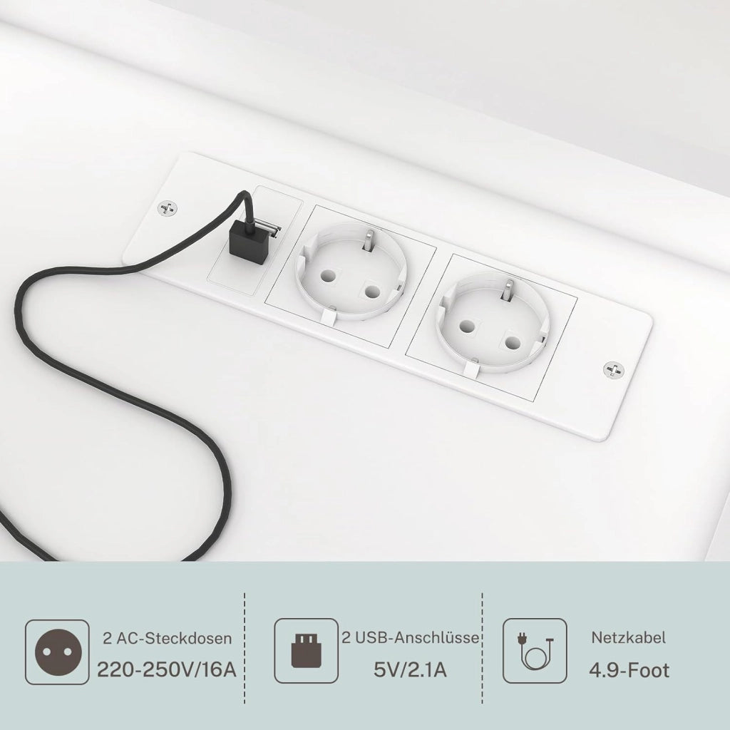 Toeletta Trucco con Luci e Prese a Led Regolabili, Toletta con Grande Specchio, Tavolo da Trucco con 7 Cassetti, 4 Ripiani Aperti e 5 Ganci per Gioielli per la Camera da Letto, Bianco
