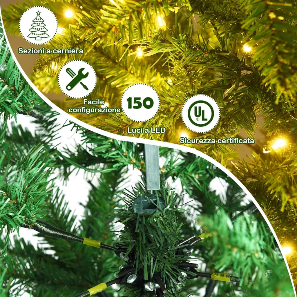 Albero di Natale Slim 150 cm, Albero di Natale con 150 Luci LED, 300 Rami Folti e Base di Metallo, Decorazione Natalizia per Casa e Ufficio (150cm)