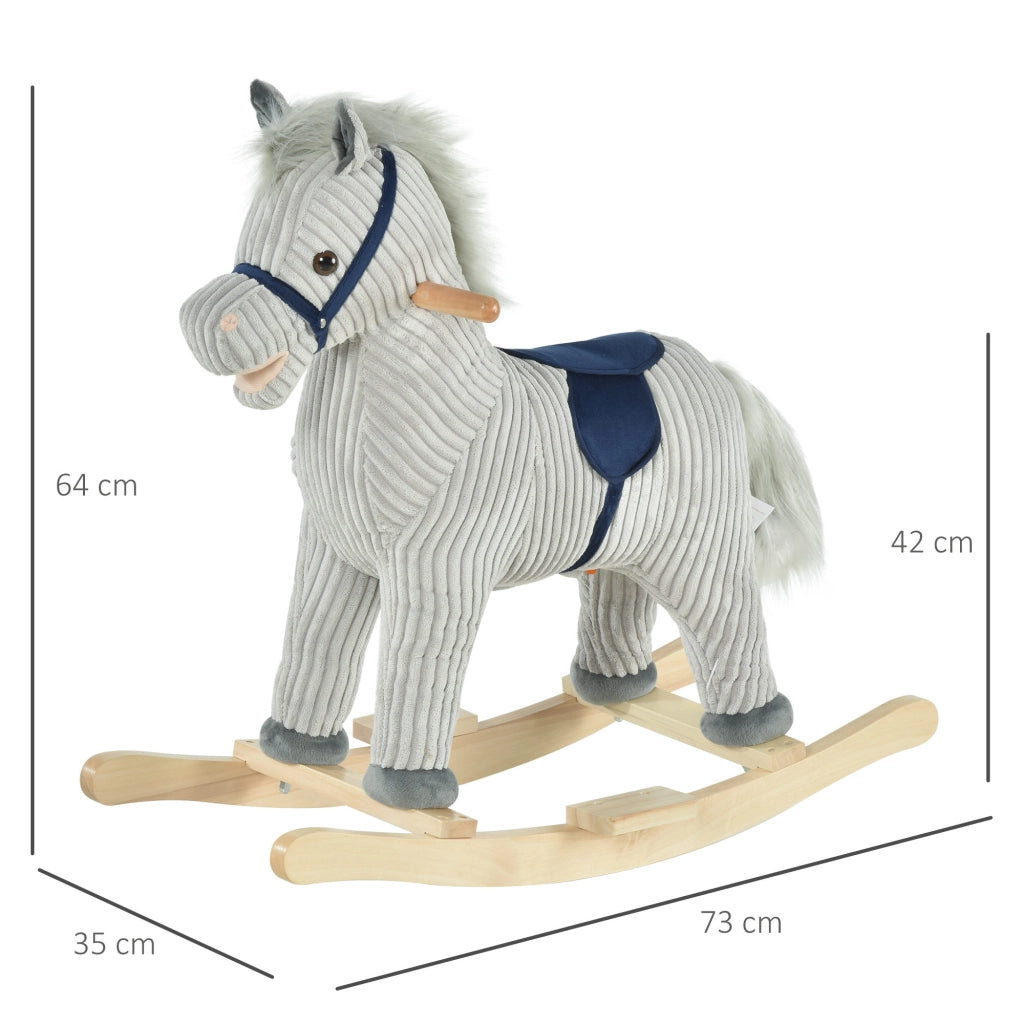 Cavallo a Dondolo per Bambini 3-6 Anni con Suoni in Peluche, 73x35x64cm, Grigio