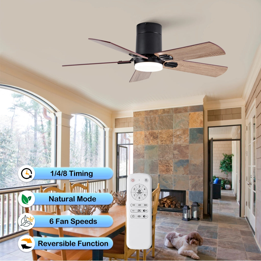 Ventilatore da soffitto a basso profilo con LED dimmerabile e telecomando; nero e noce scuro