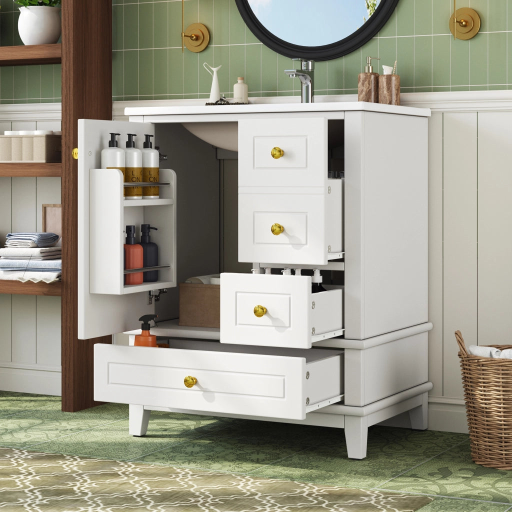 Mobile bagno 61 cm bianco lucido a terra con 3 cassetti e lavabo in ceramica