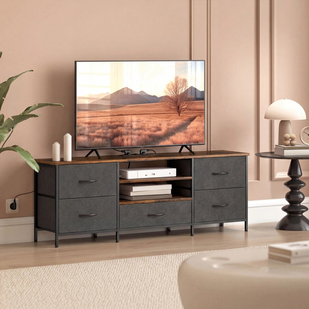 Mobile TV con 5 cassetti e stazione di ricarica ¨C zephmum ¨C marrone 140x30x50cm