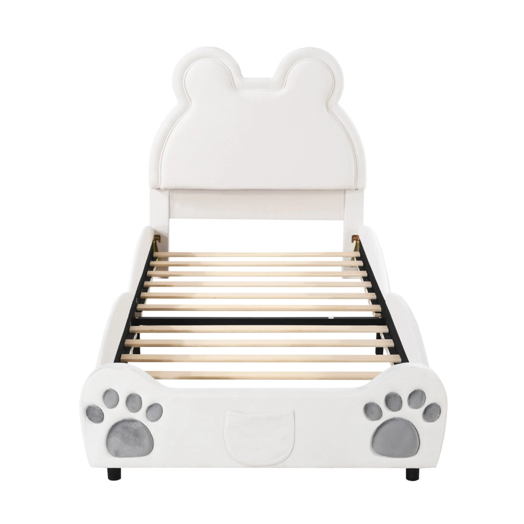 Letto imbottito per bambini 90x200 cm a forma di orso; velluto; bianco