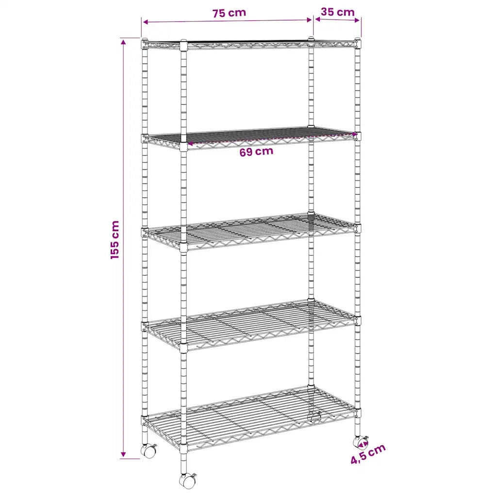 Scaffale a 5 Livelli con Ruote 75x35x155 cm Cromato 250 kg CFW6210452