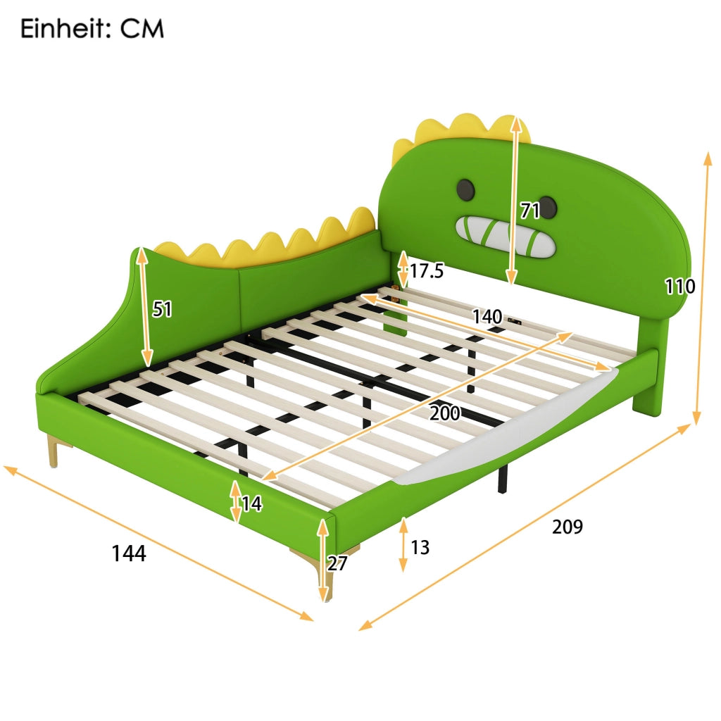 Letto basso per bambini verde con forma di dinosauro in PU 140x200 cm