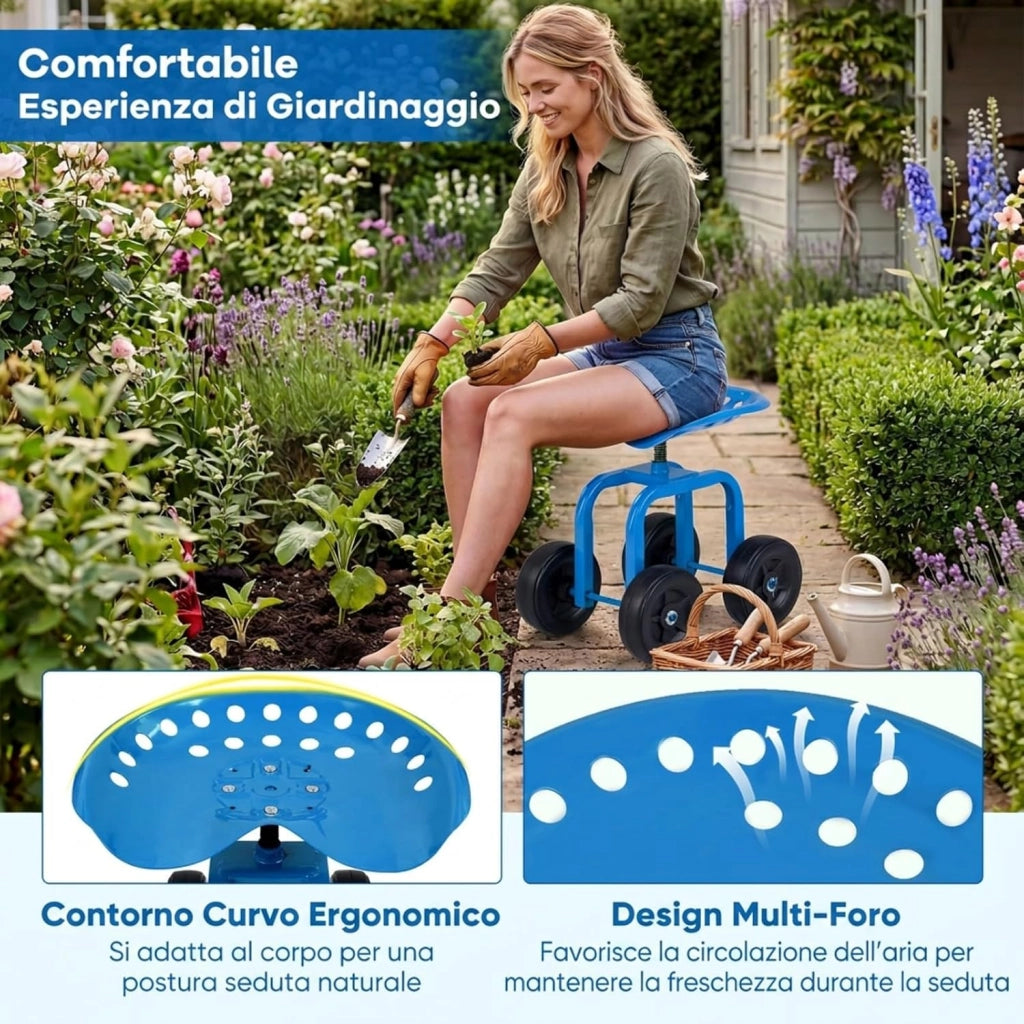 Sgabello con Ruote per Giardinaggio, Sedile con Ruote Regolabile in Altezza e Portatile, Seggiolino da Giardino, Prato e Cortile, Portata 150kg (Blu)