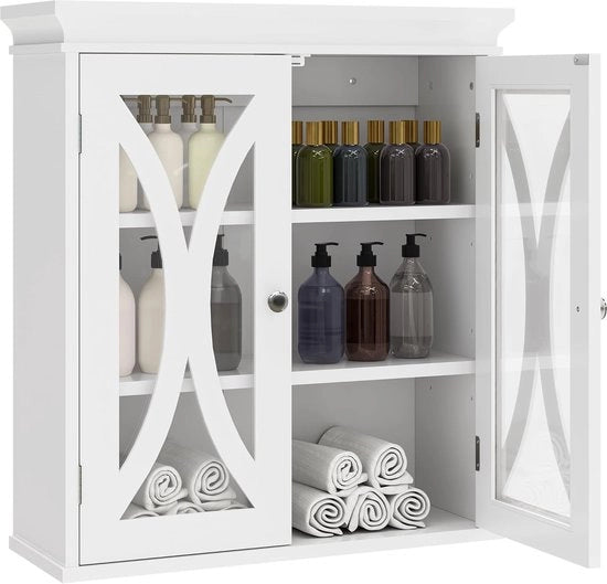 Cassettiera da bagno, cassettiera da bagno a parete con porta in vetro, montaggio a parete cassettiera da bagno, piccole cassettiere da cucina a parete, pannelli regolabili, cassettiera da parete da appendere (bianca)