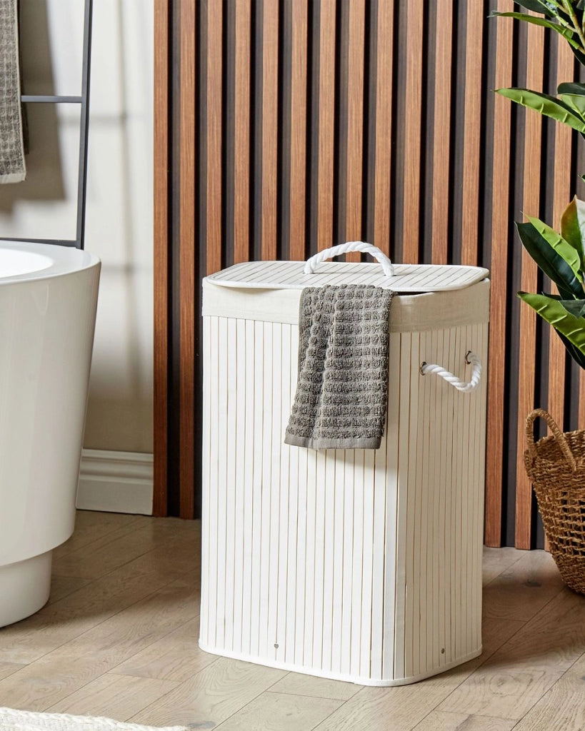 Cestino portaoggetti in bambù bianco con coperchio Cestino per biancheria Accessori pratici lavanderia bucato