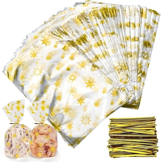 Cellofaan Sacchetti per Natale con Cinture d'Oro, Sacchetti di Fondotavola per Biscotti e Dolci, 23 x 14 cm