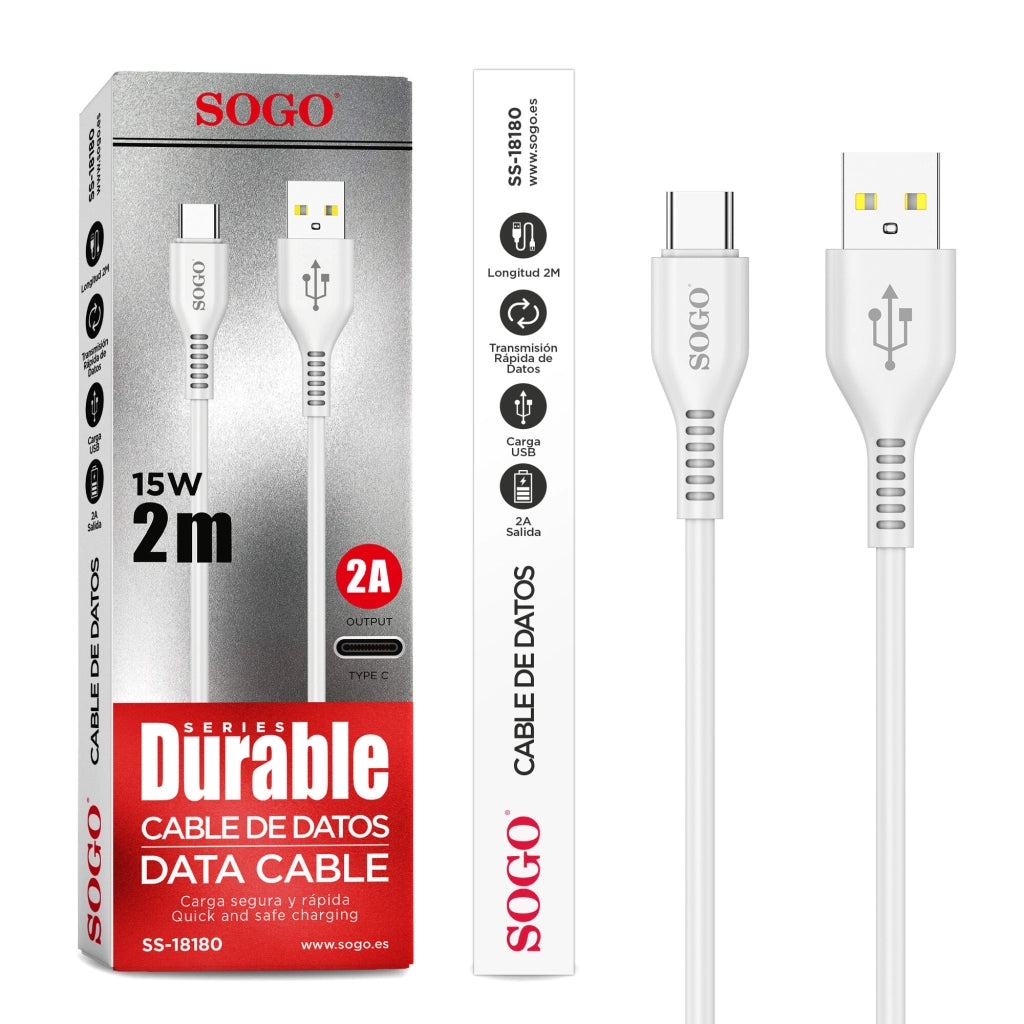Cavo dati USB Type-C 2 metri, ricarica rapida 15W, 2A di potenza, trasmissione dati veloce - SOGO