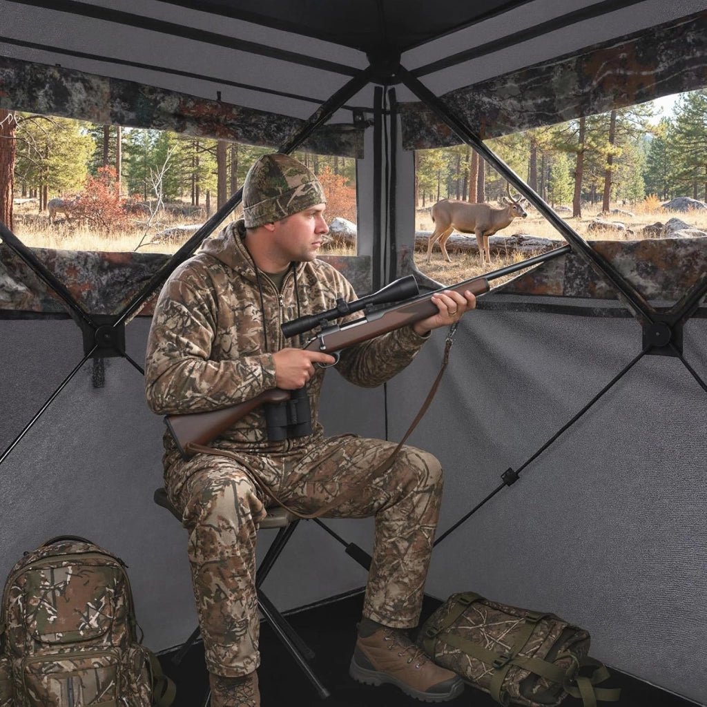 Tenda da Caccia Portatile per 4 Persone, Capanno Mimetico a Visione a 360° con Rete Trasparente e Borsa da Trasporto, Tenda Pop-up Camouflage per Caccia di Cervi e Tacchini, 147 x 147 x 170 cm