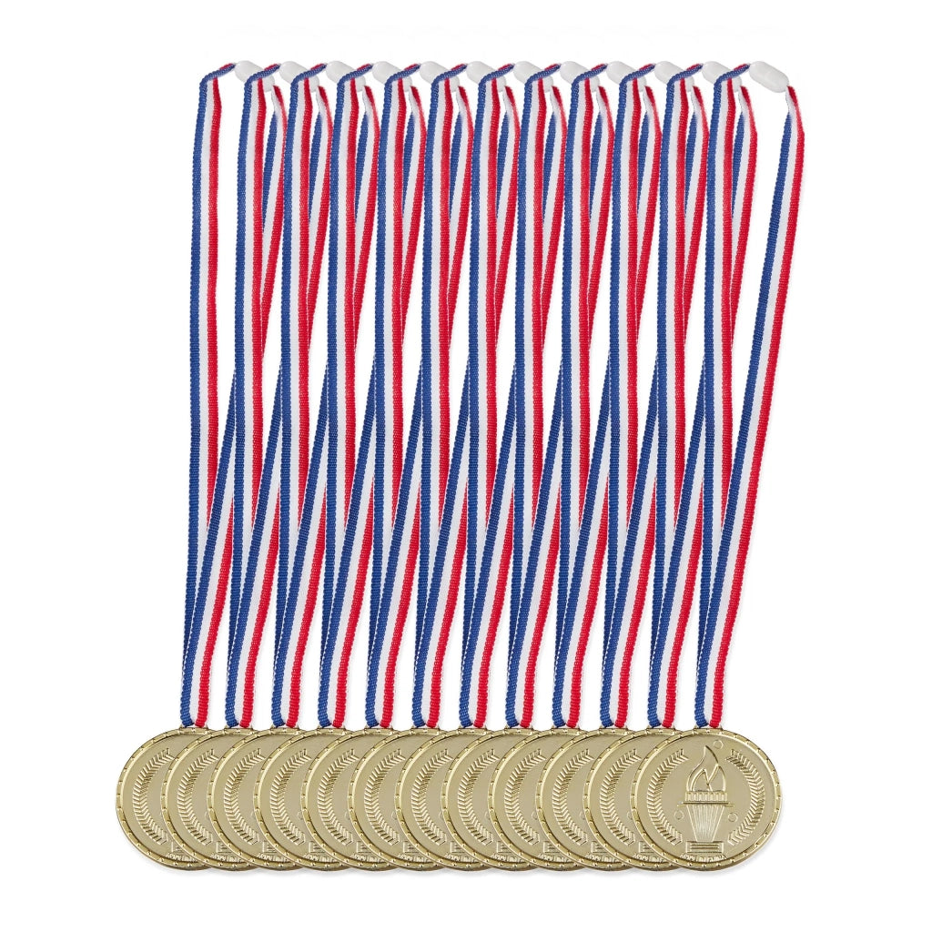 Set di 12 medaglie d'oro per bambini nastro tricolore premi di compleanno 5 x 0,5 cm in plastica dorata 13_0004302