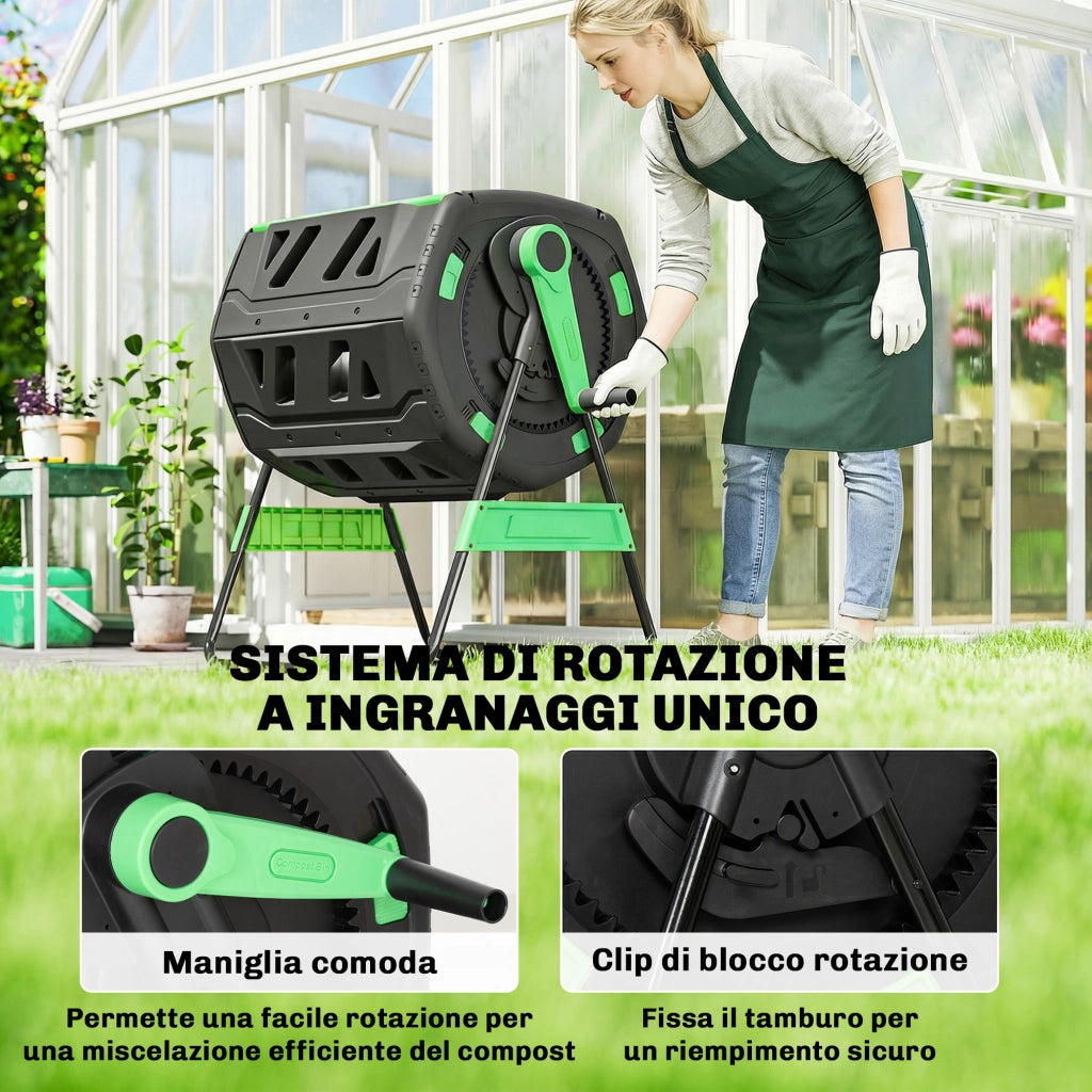 Compostiera Domestica 200L a Doppia Camera con 8 Prese D'Aria, in PP e Metallo, 94x67x98 cm, Verde e Nero