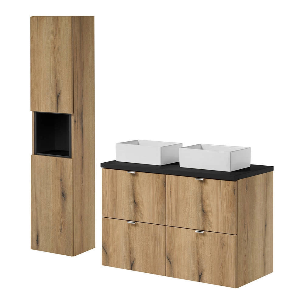 Mobile Pensile Sottolavabo Doppio Newport a 4 Cassetti e 2 Lavabi Rettangolari Bianchi 100x71x40 cm - Effetto Rovere/Nero [en.casa]