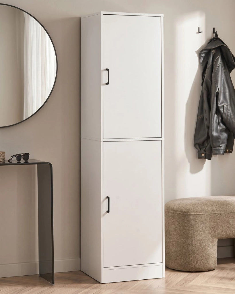 Scarpiera alta in truciolato bianco, 43 x 40 x 170 cm, per 12 paia di scarpe con scomparti, Moderno Minimalista