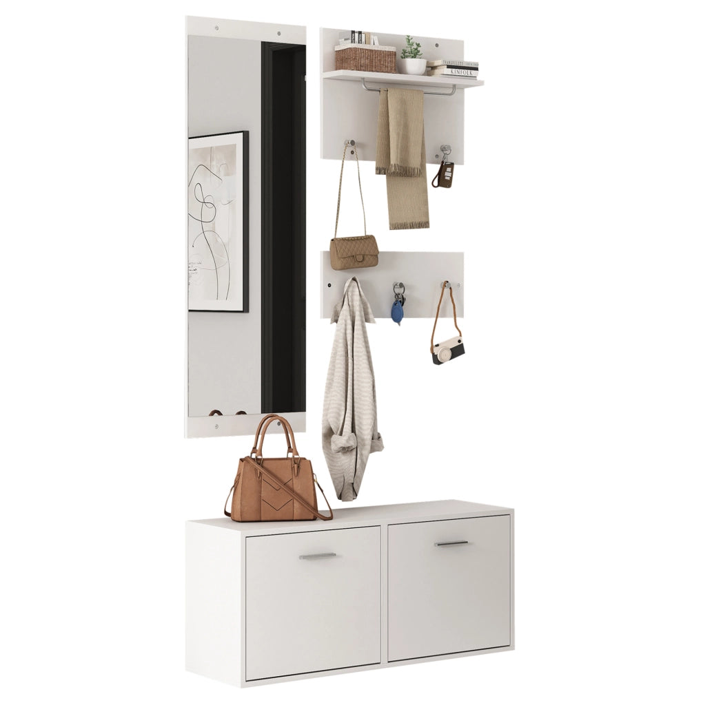 Set guardaroba da ingresso 4 pezzi con specchio e scarpiera; bianco