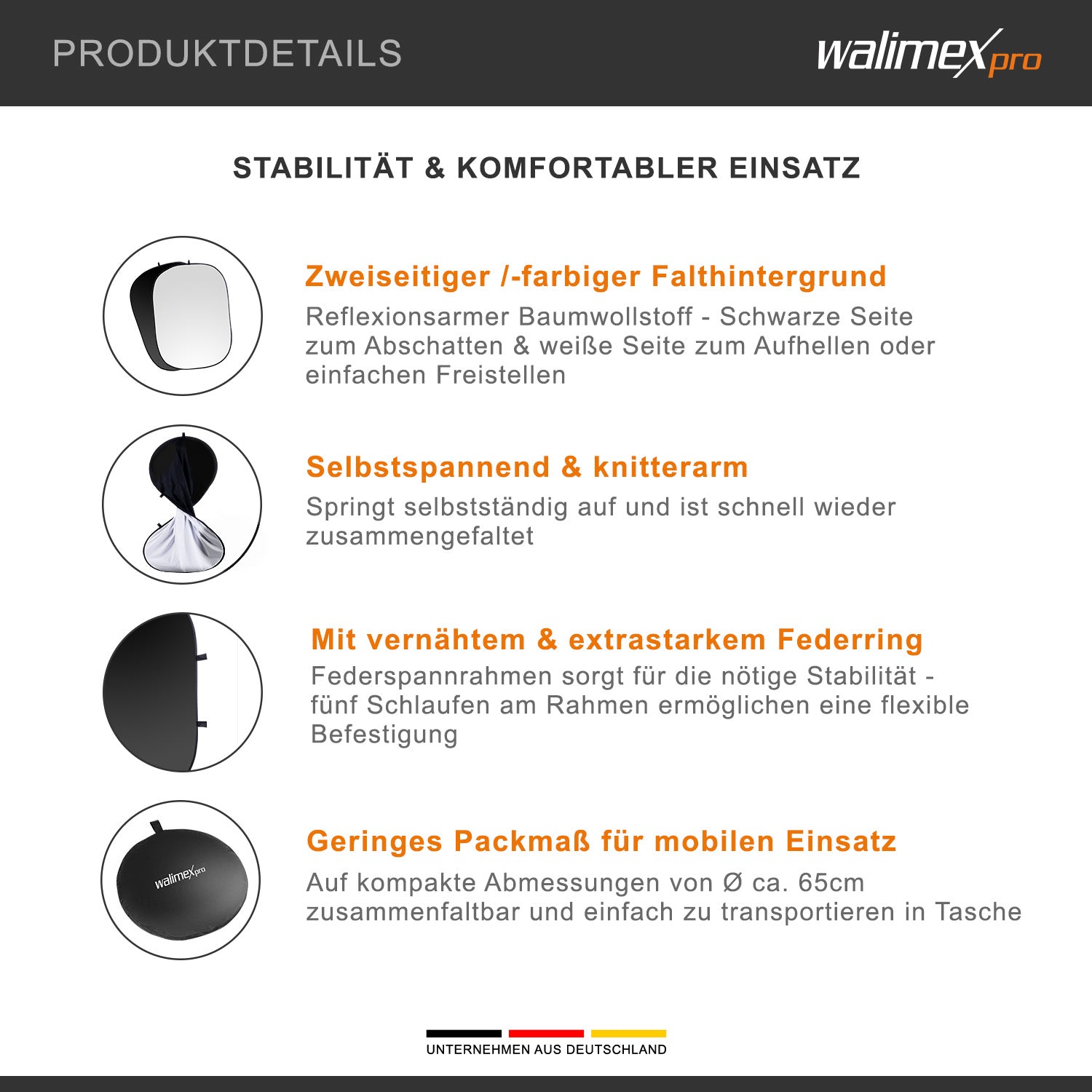 Sfondo pieghevole 2 in 1 nero/bianco 150 x 200 cm, robusto fondale fotografico con cornice stabile, per studio fotografico con borsa di trasporto