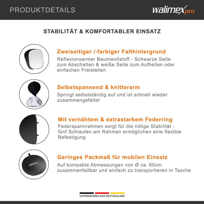 Sfondo pieghevole 2 in 1 nero/bianco 150 x 200 cm, robusto fondale fotografico con cornice stabile, per studio fotografico con borsa di trasporto