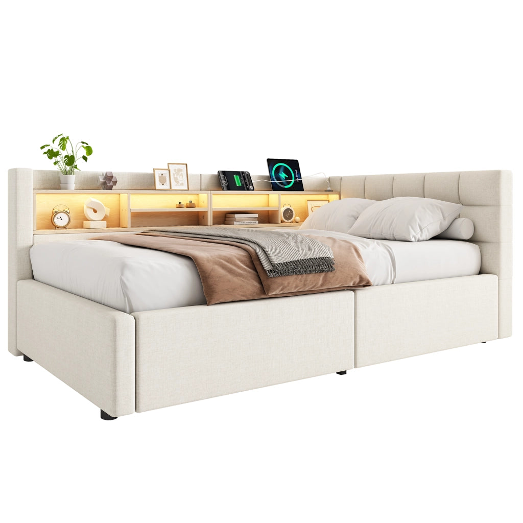 Letto contenitore 90x200 cm con LED dimmerabile; testiera con ripiano e prese USB; rivestimento in lino; beige