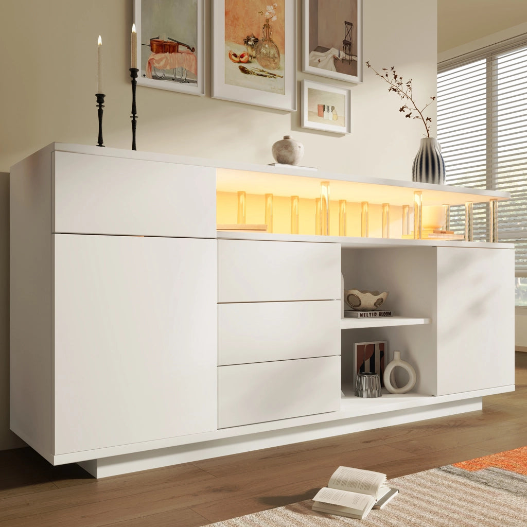 Credenza con LED, 4 cassetti, 2 ante e ripiani regolabili, per soggiorno cucina e ingresso, 160 × 40 × 75 cm