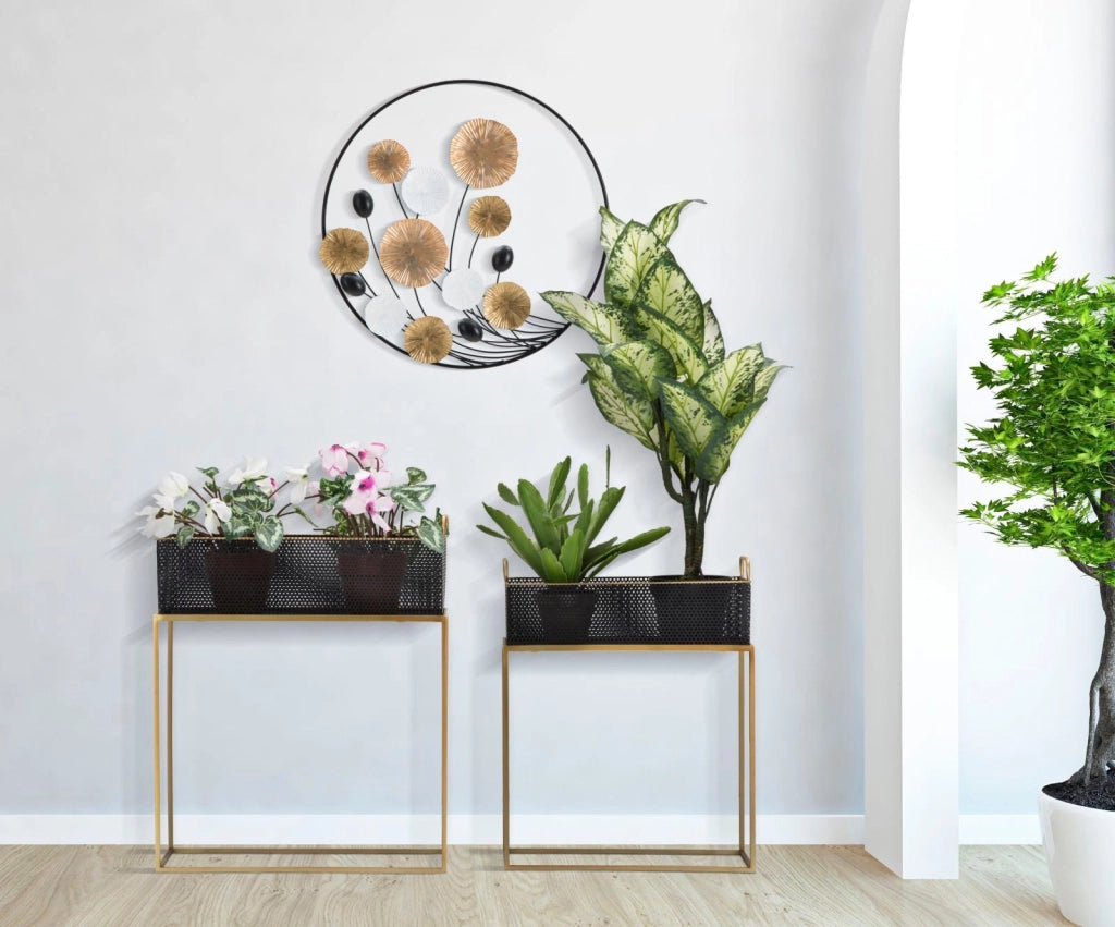 Porta Vasi Fashion Rettangolare Coppia 60x23x73,5-51x20x64 cm in Ferro Nero e Oro