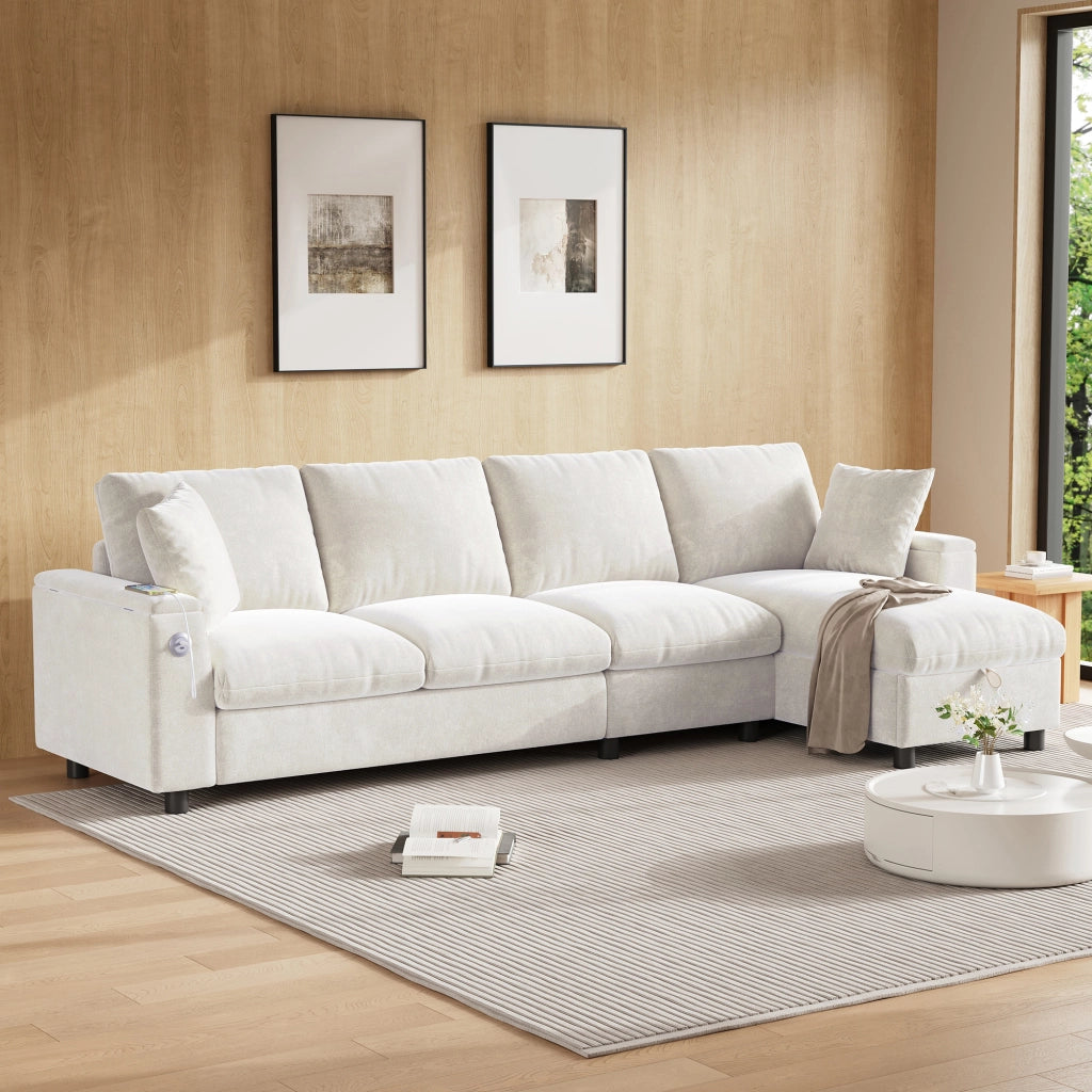 Divano angolare reversibile convertibile con vano contenitore, tavolino ribaltabile, tessuto Chenille Beige