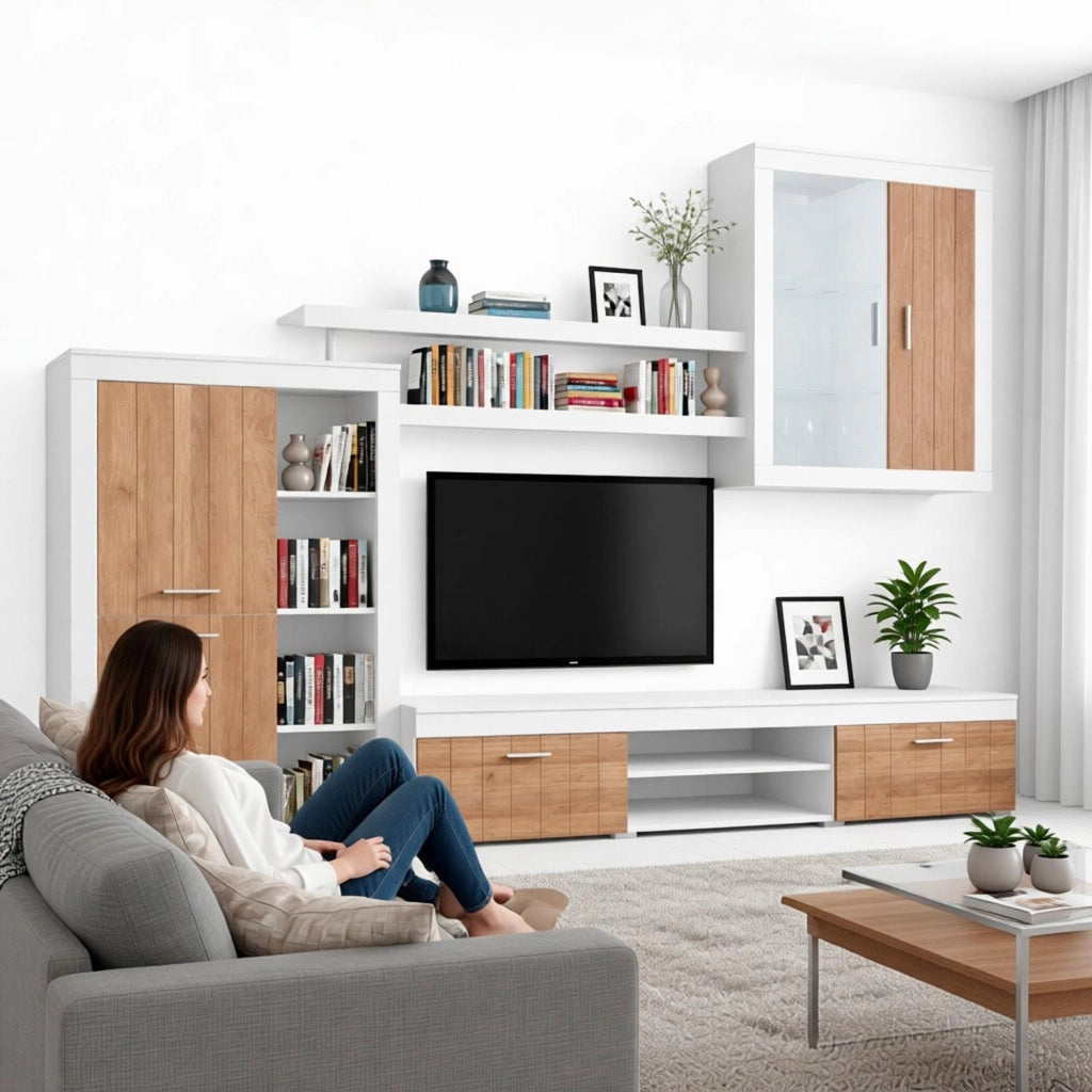 Parete Attrezzata Moderna Con Mobile TV Ante Vetrinetta Mensole E Vani A Giorno Moduli Sospesi Per Soggiorno Salotto 293 X 193 X 50 Cm Bianco E Noce