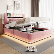 Letto matrimoniale imbottito 140x200 cm con LED; USB e contenitore idraulico; rosa