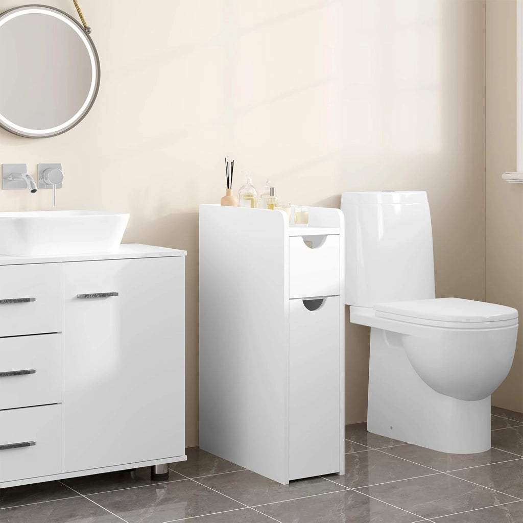 Mobile Bagno Stretto con 2 Cassetti, Mobiletto Compatto Salvaspazio, Armadietto Bagno Verticale, Multifunzionale con Ripiano Aperto, Bianco