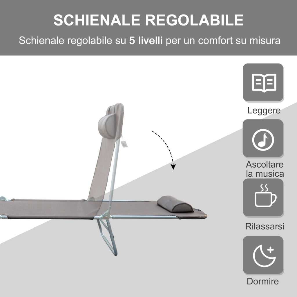 Lettino Pieghevole con Schienale Reclinabile e Cuscino ¨C Zephmum ¨C 182x56x24.5 cm Marrone Argento
