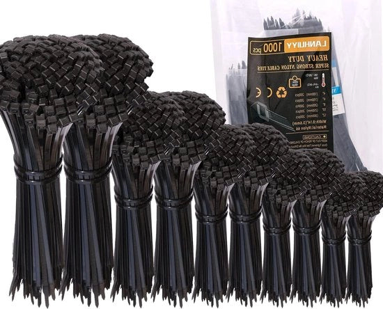 Cavi elettrici 100-300 mm x 36 mm - Set da 1000 pezzi - Resistente all'UV - Gestione cavi giardino - Nero
