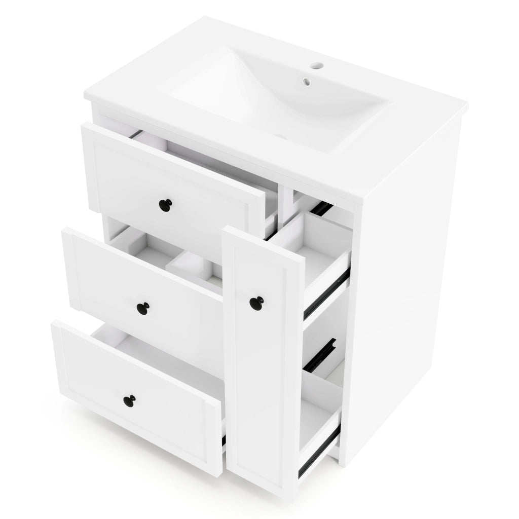 Mobile bagno freestanding 76 x 46 x 82 cm con lavabo in ceramica integrato, 4 cassetti, bianco
