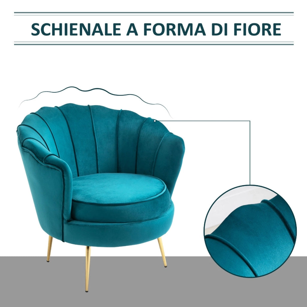 EasyComfort Poltrona di Design Stile Vintage Imbottita in Velluto, 79x77x77cm, Verde Petrolio