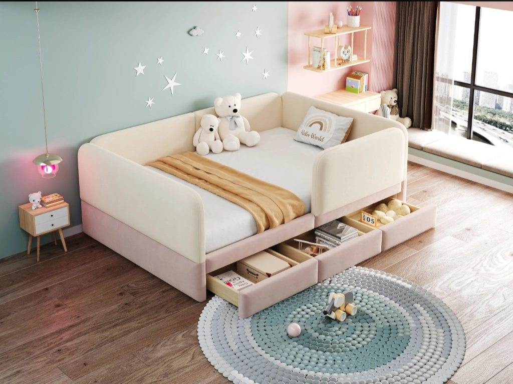 Letto per bambini imbottito 140 x 200 cm con sponde di sicurezza, angoli arrotondati e 3 cassetti contenitore, velluto beige/rosa