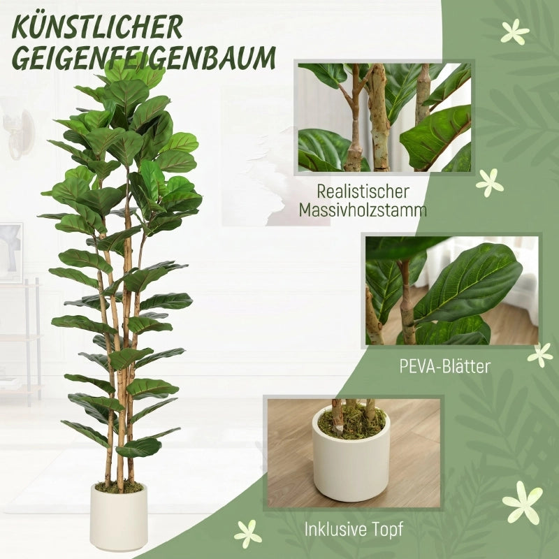Ficus lyrata artificiale, pianta artificiale con 91 foglie, tronco in legno massello, vaso, 55 x 55 x 180 cm, verde