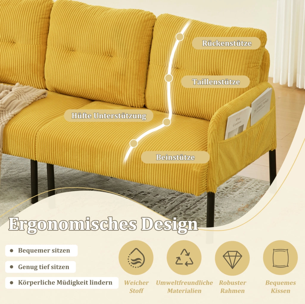 Divano 3 posti in velluto a coste giallo 171x72x80 cm con tasca laterale e struttura in metallo
