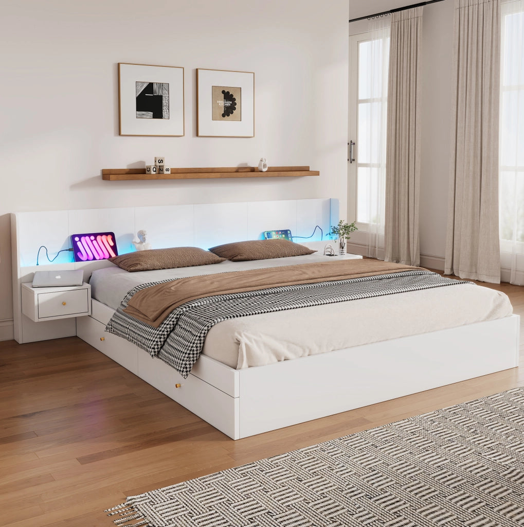 Letto matrimoniale 180x200 cm in MDF bianco con USB; LED APP; 2 comodini e cassetti
