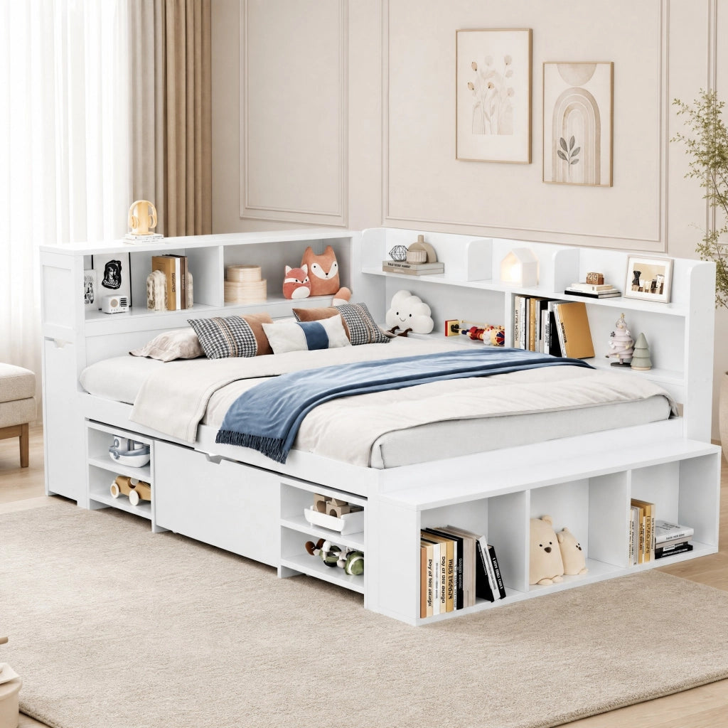 Letto per bambini 140x200 cm con cassetti, libreria e armadietti, rete a doghe, bianco