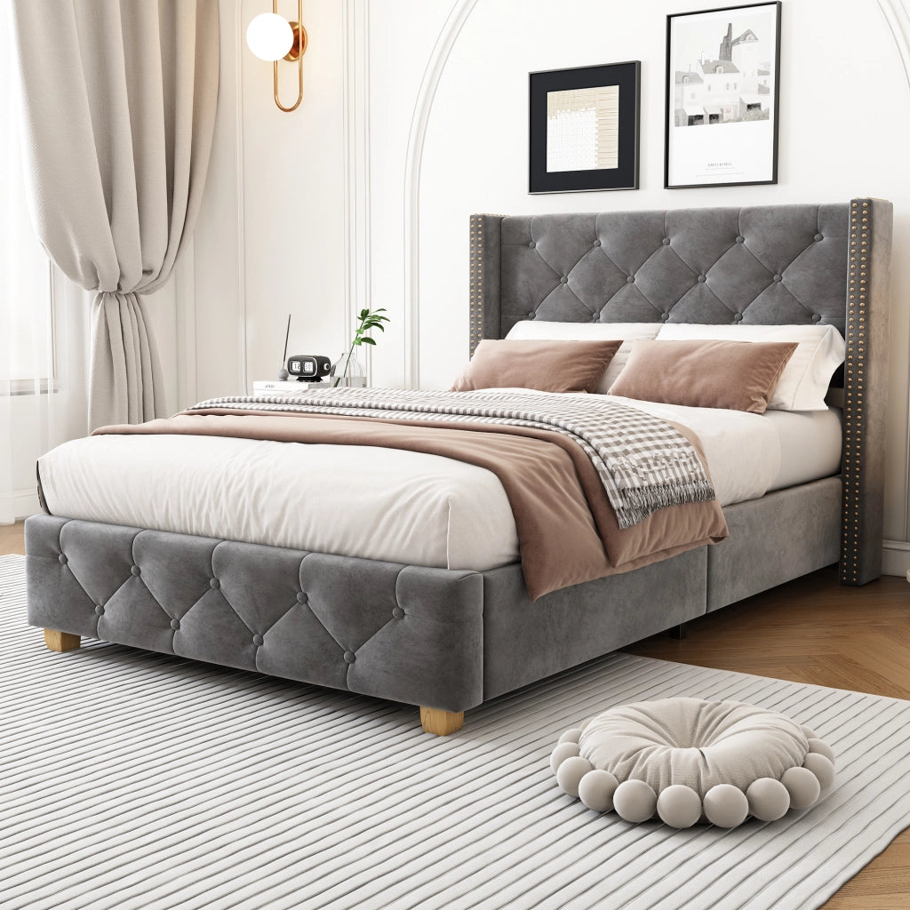 Letto imbottito 90x200 cm in velluto grigio con rete a doghe, testiera con bottoni e borchie