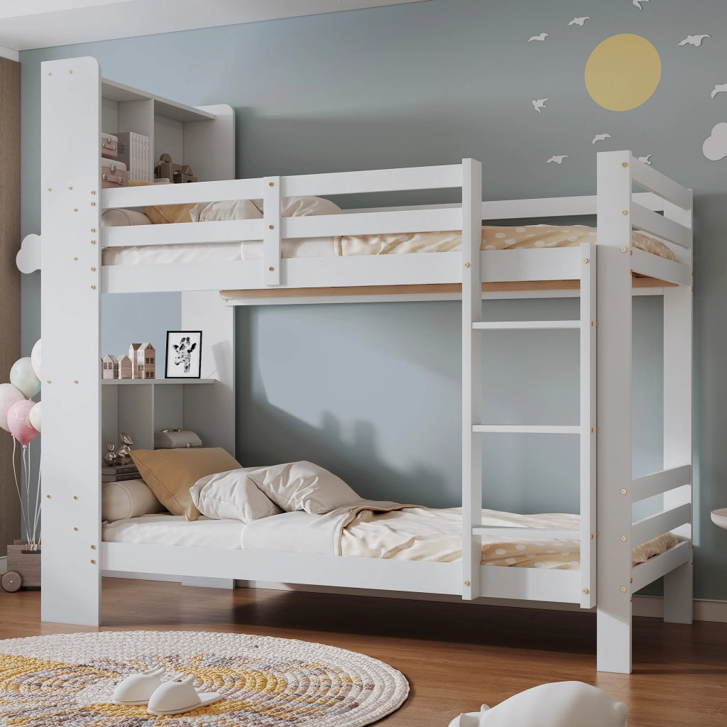 Letto a castello con ripiani e scala dritta a 3 gradini; bianco; 90x200 cm