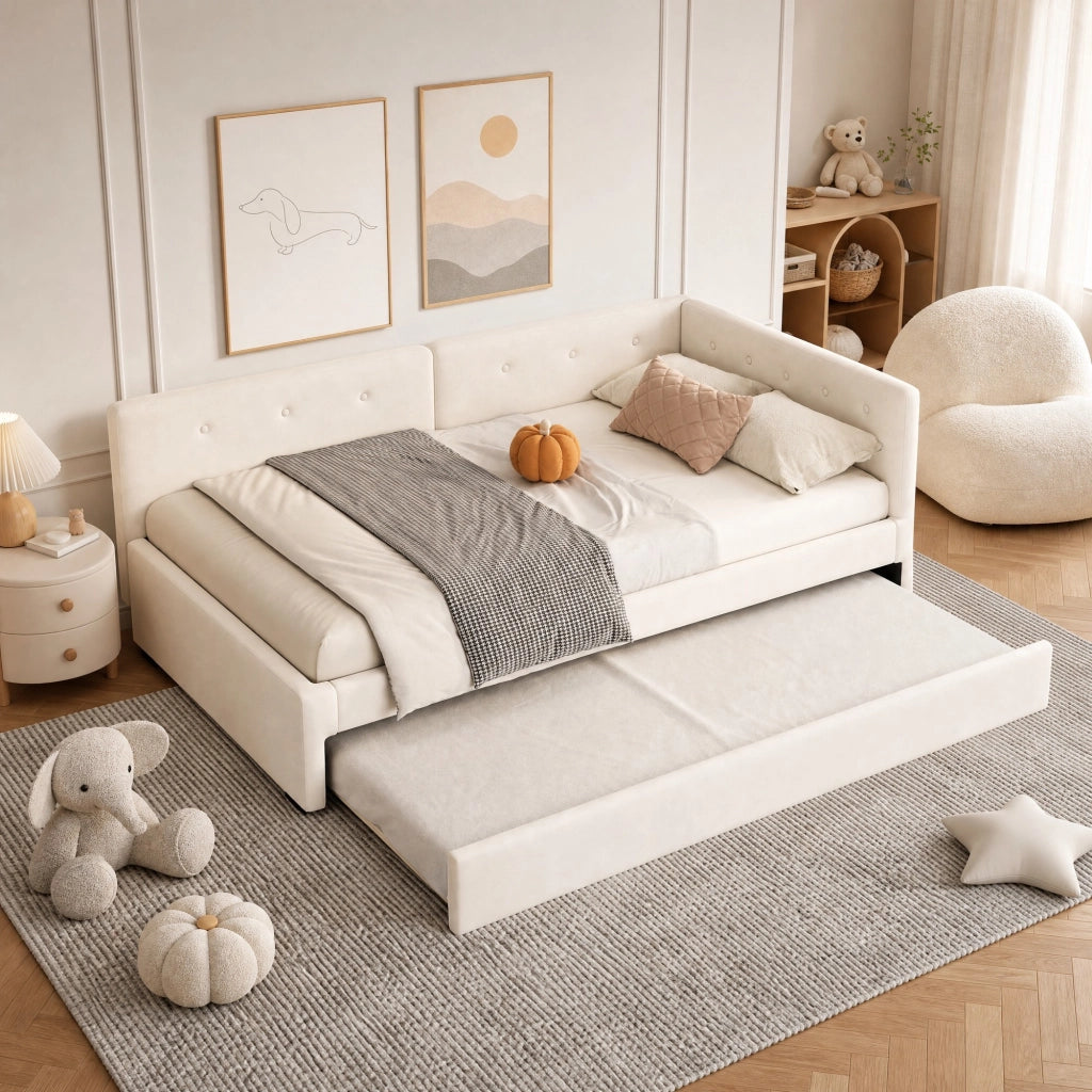 Letto singolo imbottito con letto estraibile 90x200 cm in velluto beige