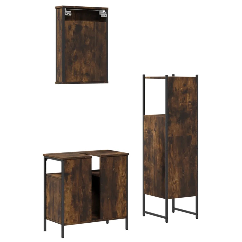Set Mobili da Bagno | Armadio da bagno 3 pz Rovere Fumo in Legno Multistrato