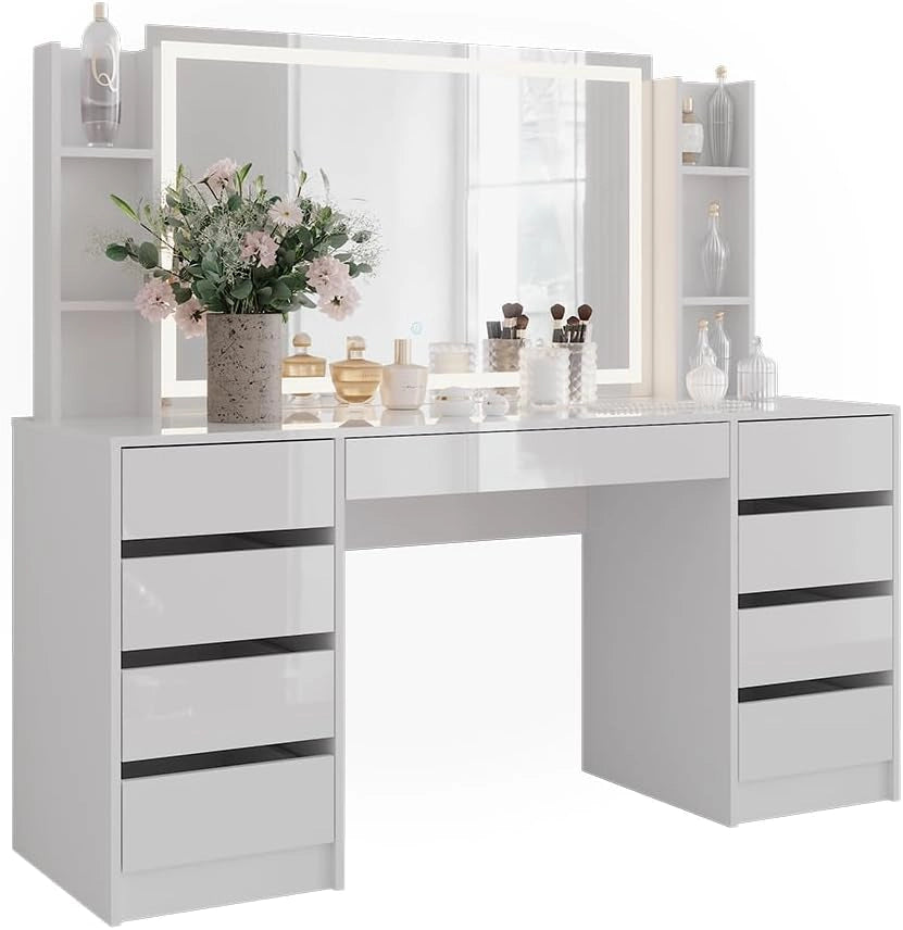 Tavolo da toeletta Sherry, Bianco/bianco lucido, 158.2 cm 4 parti, con illuminazione LED e specchio regolabile in altezza