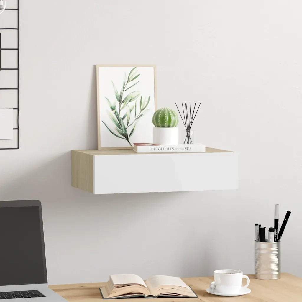 Mensola a muro con cassetti in rovere e bianco 40x23,5x10 cm MDF 330249