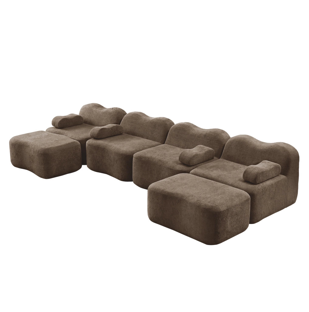 Divano angolare modulare a onda 384x167x70 cm in velluto marrone; senza struttura interna