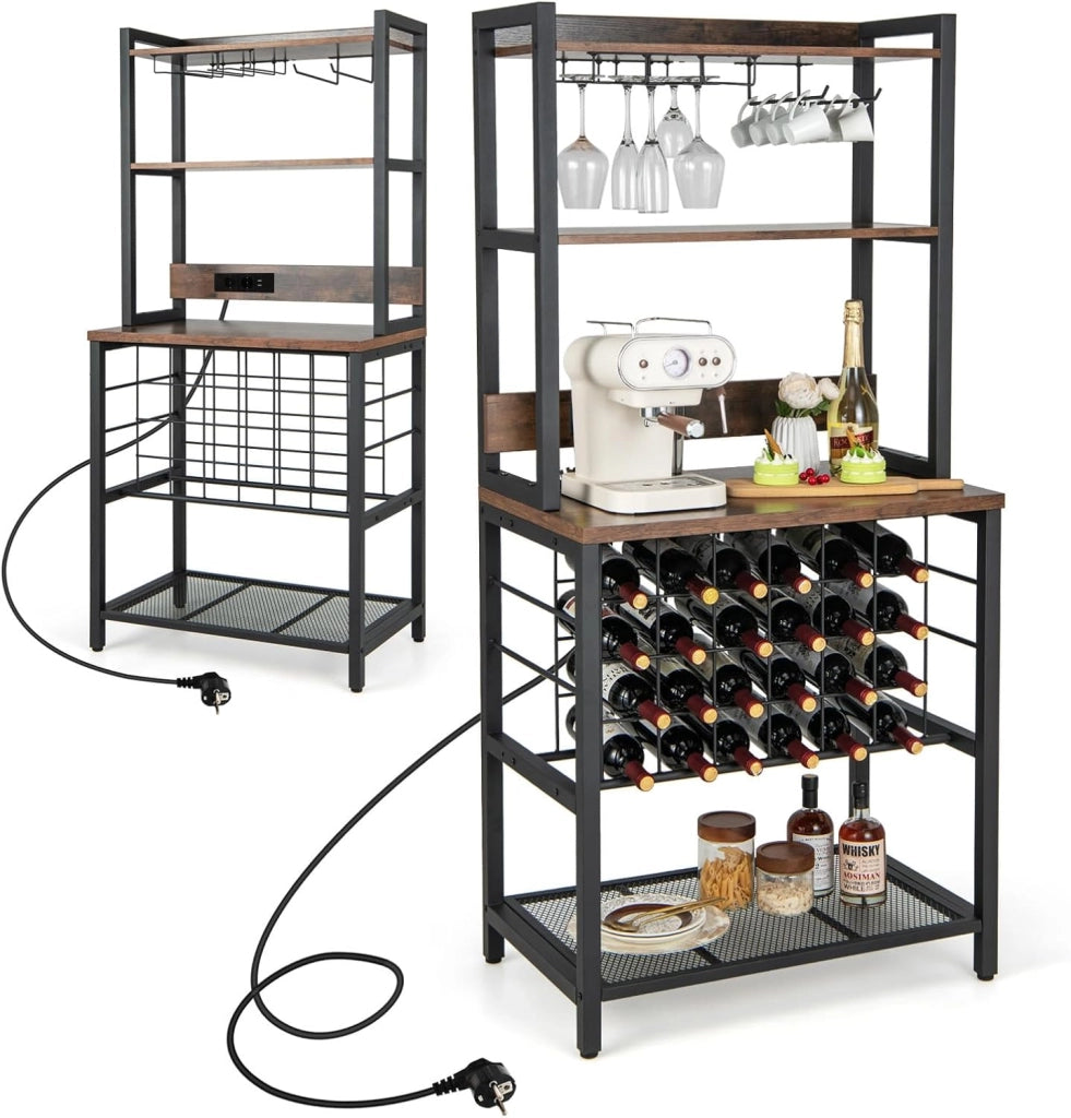 Scaffale per vino con prese e USB per 24 bottiglie e tazze, mensola da cucina a 5 Ripiani con piano di lavoro, scaffale multiuso per più dispositivi, portabottiglie per vino 76 x 48 x 163 cm