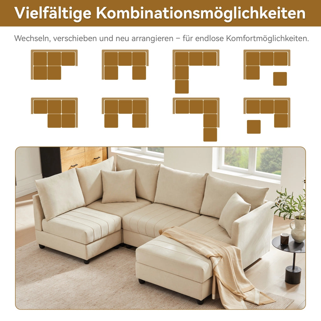 Divano modulare 5 posti con chaise longue reversibile e pouf rimovibile, in Effetto lino beige