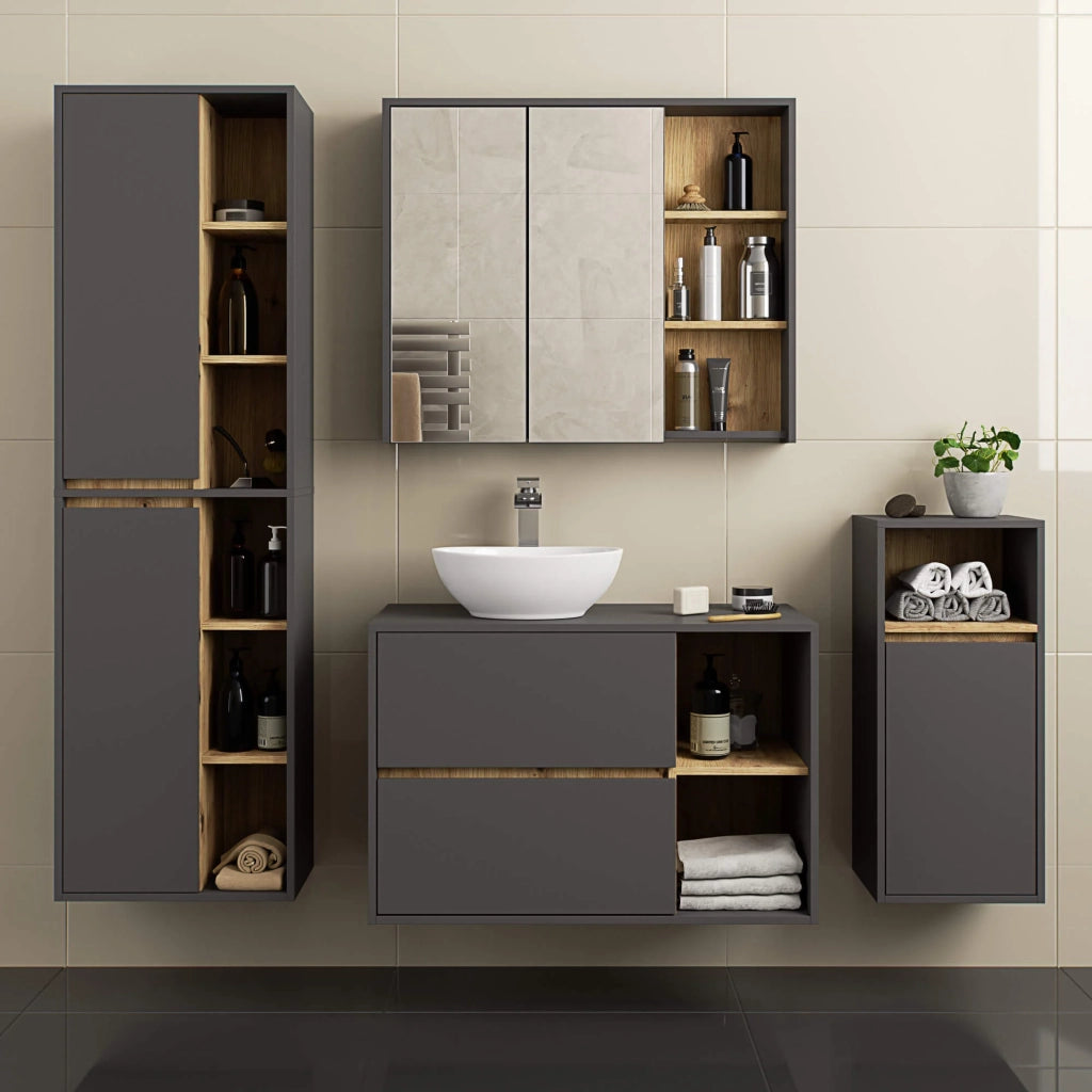 Pensile bagno con specchio VAMI Grigio Grafite, Rovere Artisan 90 cm 2 ante 90x15x75 cm