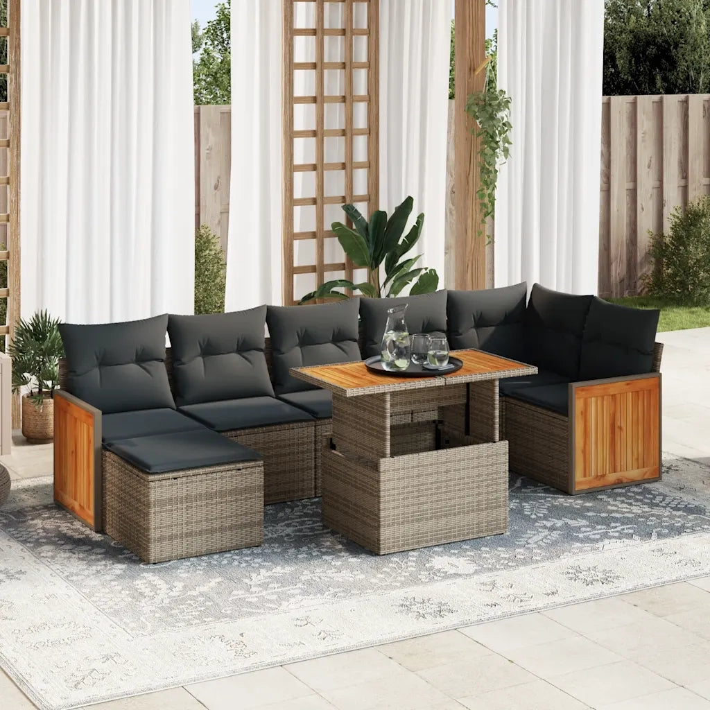 Set Divano da Giardino 8pz con Cuscini Grigio Polyrattan Acacia